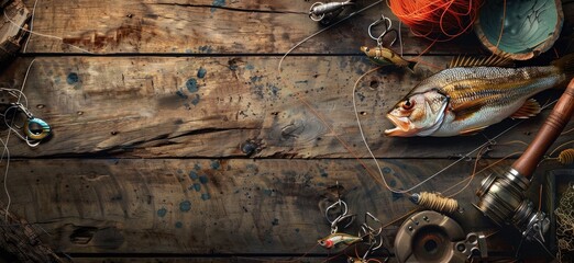 Assorted Fishing Gear on Rustic Wood