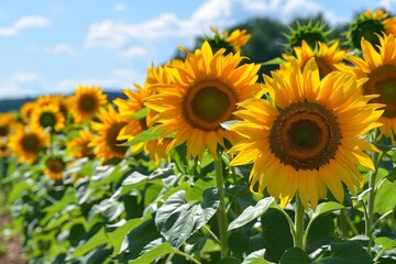 Sunlit Fields of Vibrant Sunflowers Blossoming Under a Cloudless Sky