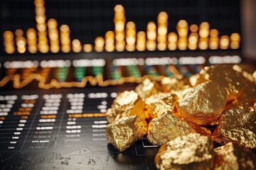 Obraz premium Close-up of gold production with stock market trends. Demonstrates trends. Futuristic tone. Tetradic color scheme