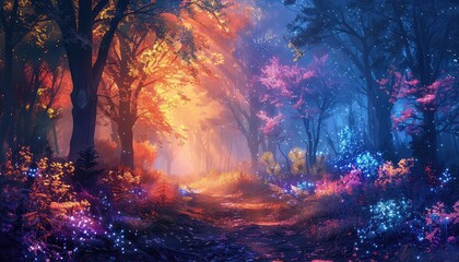 Enchanted forest with glowing bioluminescent plants and ethereal mist, fantasy, vibrant colors, digital painting, mysterious atmosphere,