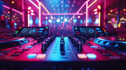 Vibrant DJ booth with colorful lights and mixing equipment in a nightclub setting. Perfect for music events, parties, and nightlife imagery.