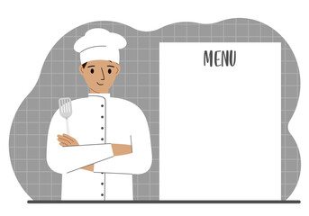 A chef in a cap stands next to a white sheet for placing a menu for a restaurant or cafe. Vector flat illustration