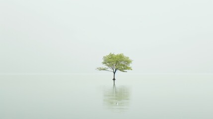 Lonely single trees on white foggy mirror reflective lake sky background minimalist copy space - Powered by Adobe