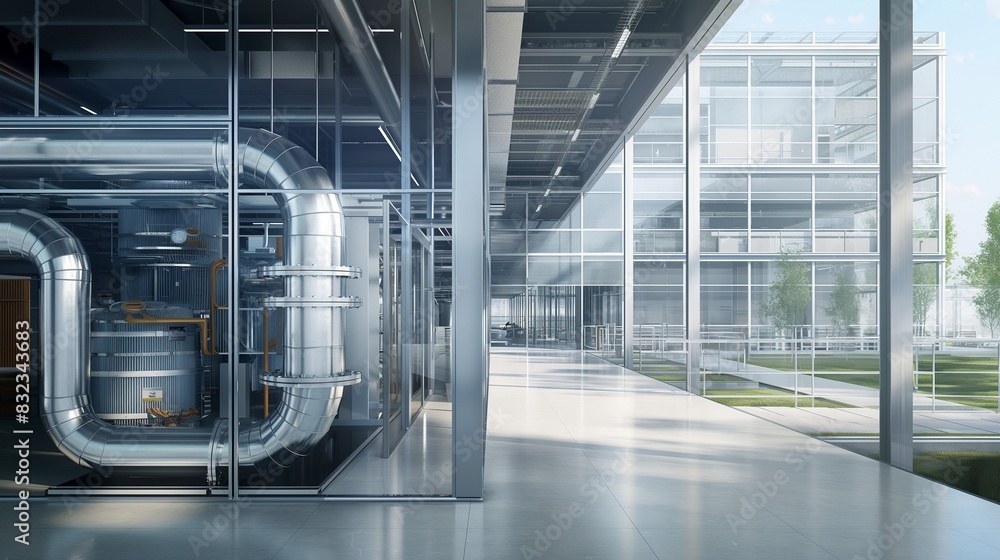 Poster a state-of-the-art facility with an advanced high-efficiency heating and cooling system visible thro