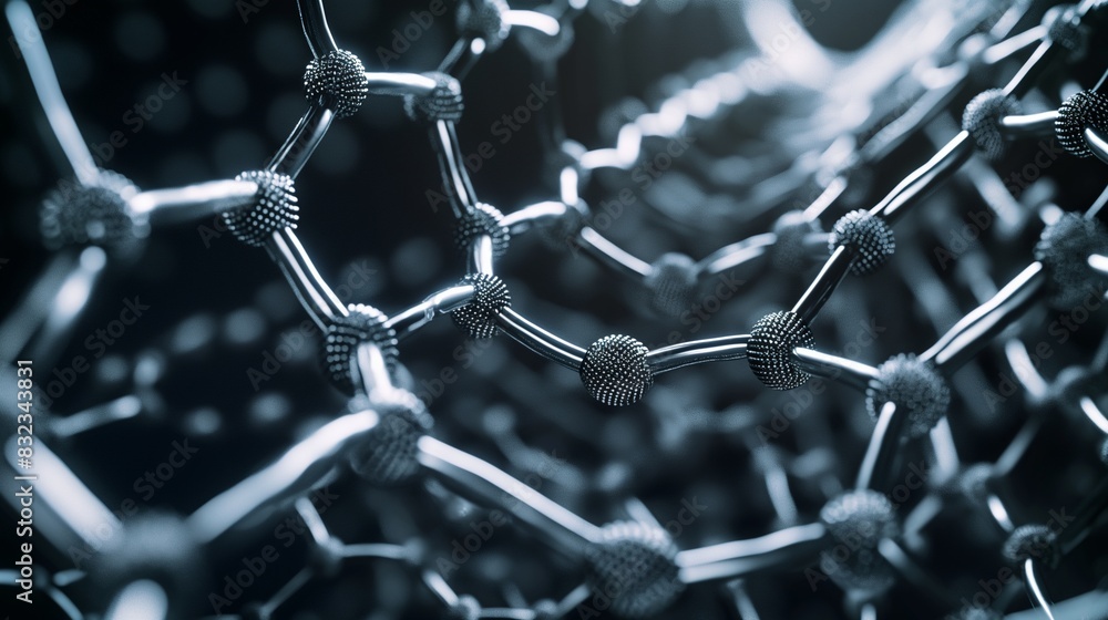 Poster a close-up visualization of a carbon nanotube-reinforced polymer composite, emphasizing the interwov