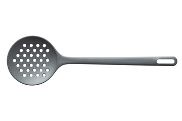 A skimmer, kitchen utensils, a large round spoon with holes. Close-up on white.