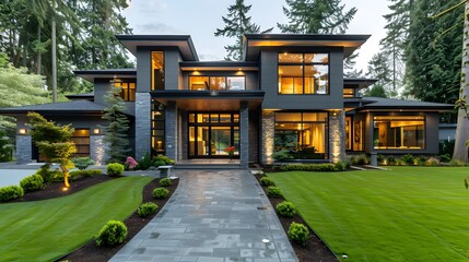 A stunning luxury home in the Pacific Northwest, with large windows and modern architecture. The house has dark grey walls and silver accents.
