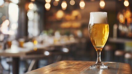Beer alcoholic drinks on wood table copy space blurred bar restaurant background