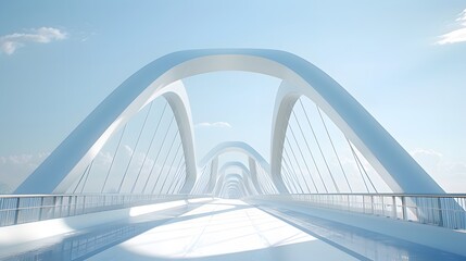 A white bridge with blue sky, white bridge railing, bridge, and a closeup of the side view. The arches on both sides form an arc shape.