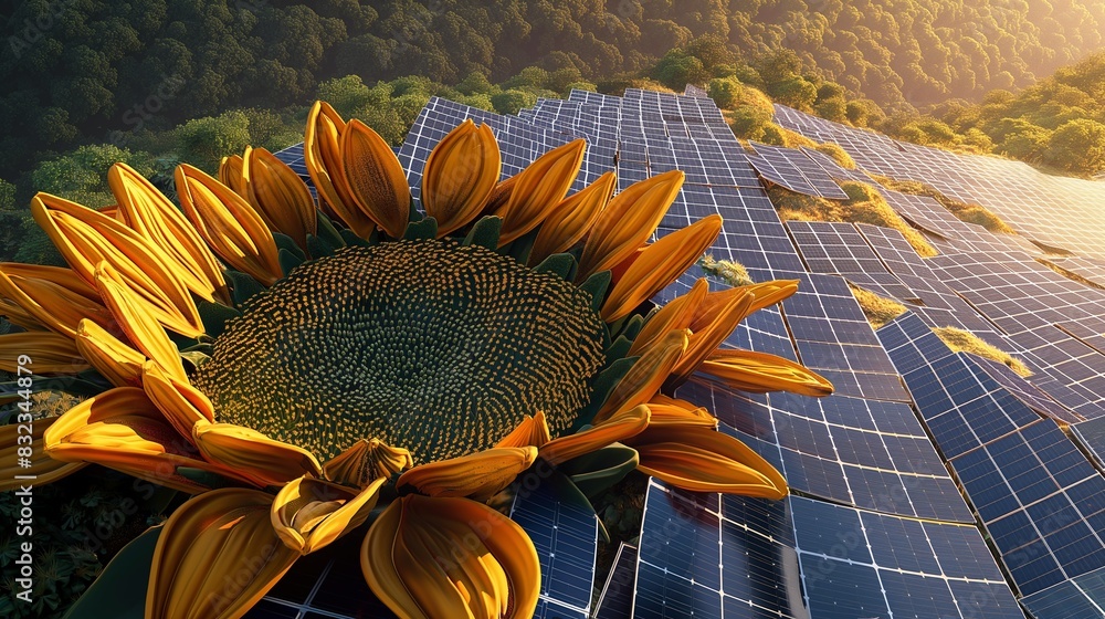 Poster a top-down view of a solar panel array forming the shape of a sunflower, demonstrating innovative de