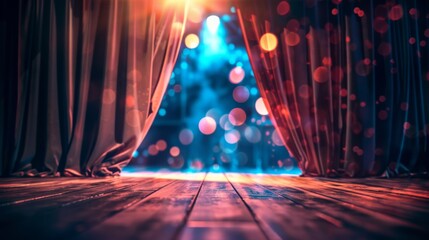 Illuminated theater stage with curtains opening, vibrant lights and colorful bokeh, creating an atmosphere of anticipation and excitement.
