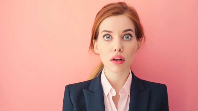 Businesswoman shocking jaw dropped eyes widening in disbelief copy space blonde Caucasian female in black navy blue suit unbelievable facial expression pink background