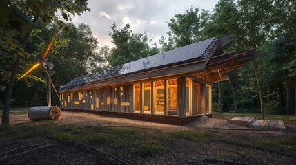 A community center built entirely from reclaimed wood and sustainable materials, located in a forest clearing. 