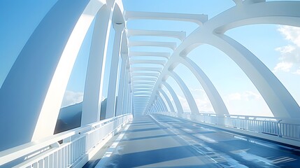 A white bridge with blue sky, white bridge railing, bridge, and a closeup of the side view. The arches on both sides form an arc shape.