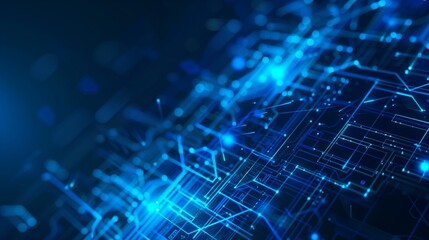 Abstract technology background with blue geometric shapes forming intricate patterns and lines, creating a futuristic design.