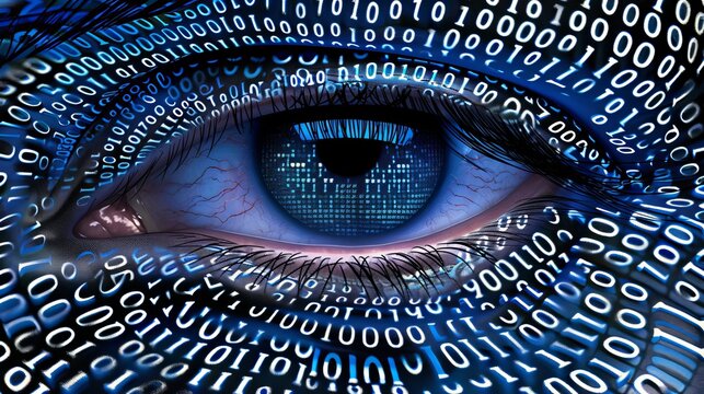 An intricate digital artwork of eyes covered in binary code representing privacy invasion, super realistic