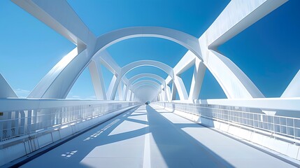 Fototapeta premium A white bridge with blue sky, white bridge railing, bridge, and a closeup of the side view. The arches on both sides form an arc shape.