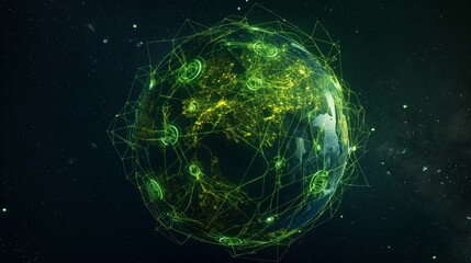 A vibrant Earth where cities are powered by green energy, depicted as glowing green hubs linked by energy flows, set against a dark, starry sky.