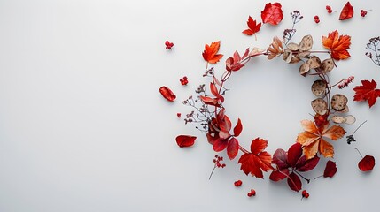 A wreath made of autumn leaves and dried flowers on a white background, in a flat lay, top view, copy space concept, minimalistic style.