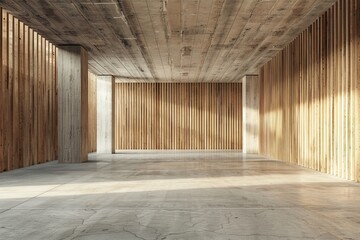 Perspective view of empty concrete floor with cement structure and wooden wall building exterior. 3d rendering. Mixed media. 