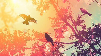 Serene sunrise with birds on tree branches, vibrant colors and backlit foliage create a peaceful, nature-inspired scene in the soft morning light.