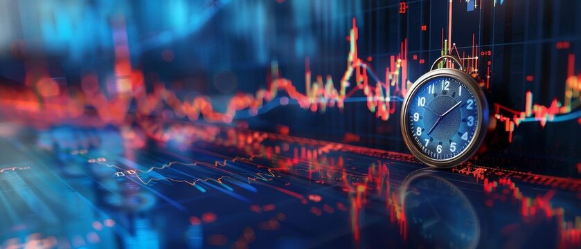 Financial market analysis with stock charts and a stopwatch symbolizing time management and market volatility. Blue and red trends are shown.
