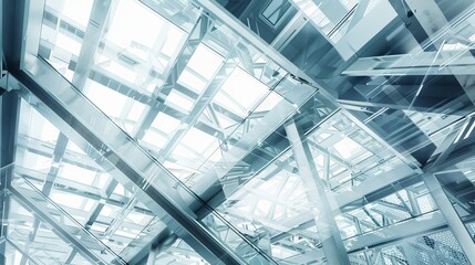 A closeup of the interior structure, featuring steel beams and glass structures in an abstract composition. 