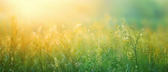Fototapeta premium Sunlit meadow with wildflowers and grasses, creating a serene and dreamy atmosphere. Perfect for spring and nature-themed projects.