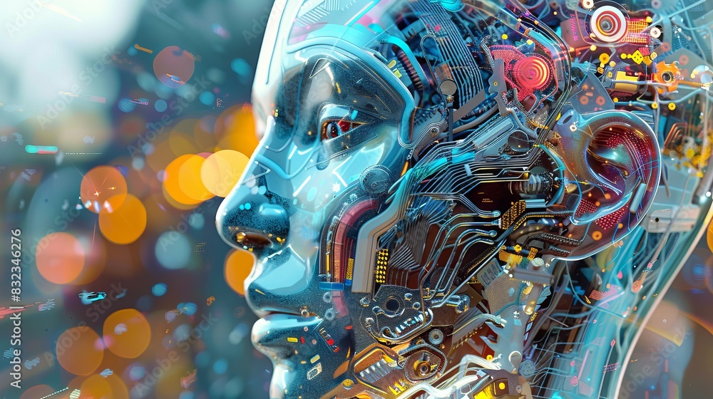 Aufkleber detailed close-up of an advanced robotic face with intricate circuits and glowing elements, showcasi