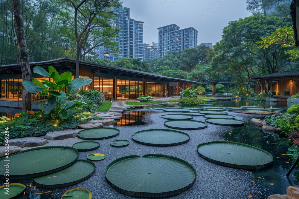 Poster tranquil garden with water lilies and modern architecture, creating a serene and inviting space perf