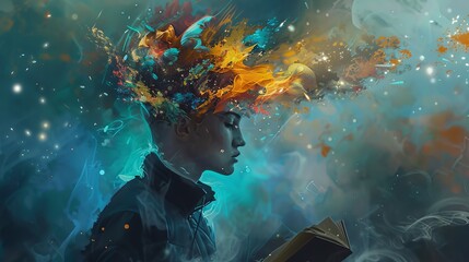 Side profile of a man reading a book with vibrant, surreal colors and shapes exploding from his head, symbolizing imagination and creativity.