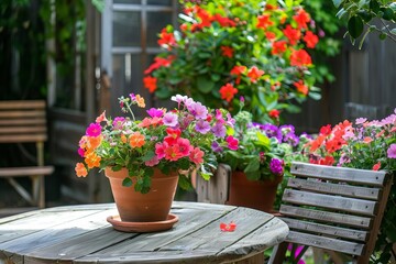 Fototapeta premium Colorful flowers in terracotta pots decorate a wooden table and chairs in a vibrant garden setting during a sunny day.