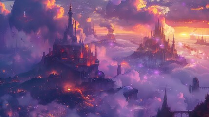 Fantasy city skyline with floating islands and magical architecture, rich purples and golds, digital painting, whimsical and enchanting,