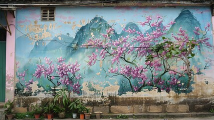 A colorful mural on the side of an old house in Chaoan, Guangxi features traditional Chinese landscape paintings and blooming trees with purple flowers. 