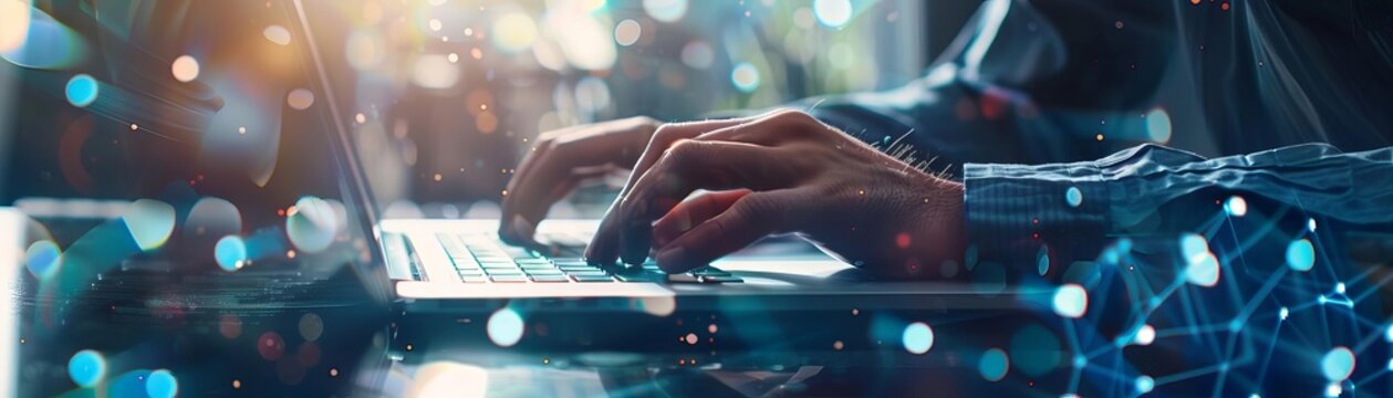 Programmer working on a laptop with digital elements