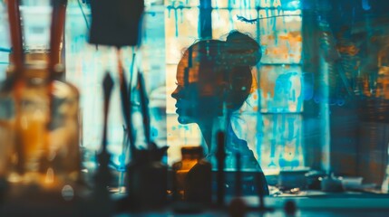 Silhouette of a person in an art studio with colorful paint splashes, reflecting creativity and artistic atmosphere.