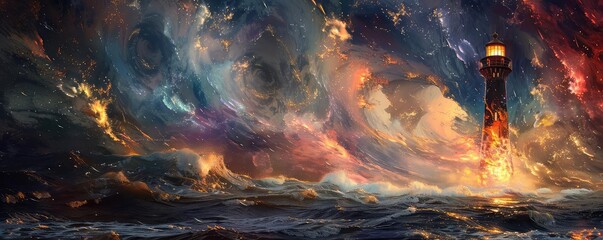 Fantasy lighthouse with magical glow in a mystical storm, vibrant colors, digital art, enchanting and surreal,