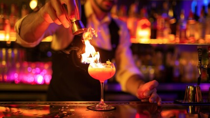 A bartender lighting a drink on fire for a dramatic presentation, super realistic