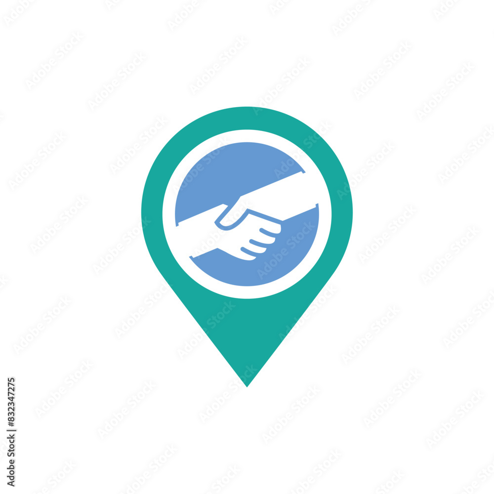 Poster this is a flat logo of a drop point shape with an image of a handshake in the middle in green and gr