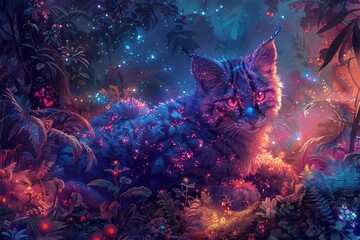 Fantasy savannah with mythical creatures and glowing plants, vibrant hues, fantasy, digital art, magical and whimsical,