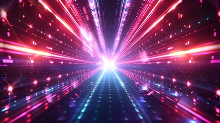 Fototapeta premium An abstract futuristic background with colorful laser beams, glowing lines, light rays on a dark backdrop. This digital illustration resembles an illuminated tunnel or stage for show presentations.