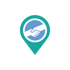 Fototapeta premium This is a flat logo of a drop point shape with an image of a handshake in the middle in green and grey color in a white background
