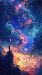 Fototapeta premium Fantasy space scene with mystical creatures flying among stars, vibrant and surreal, digital art, whimsical and enchanting,