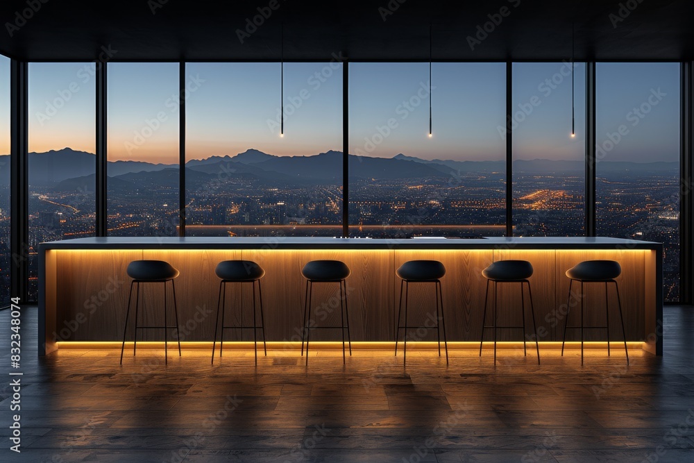 Poster elegant modern bar with city view and ambient lighting, creating a sophisticated and inviting atmosp