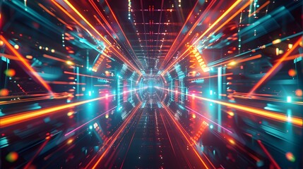 Obraz premium An abstract futuristic background with colorful laser beams, glowing lines, light rays on a dark backdrop. This digital illustration resembles an illuminated tunnel or stage for show presentations.
