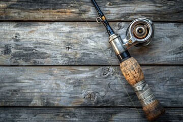 a image of a fishing rod and reel on a wooden surface - Powered by Adobe