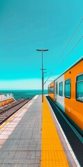 A vibrant yellow train glides past a coastal train station next to the sparkling ocean