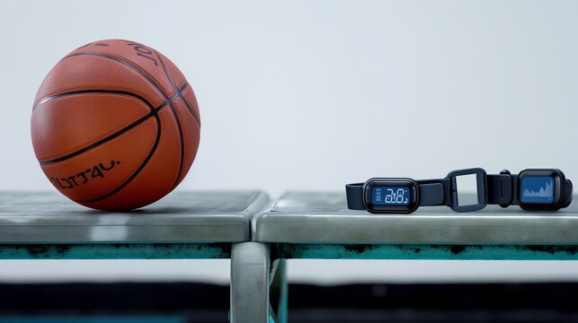 A wearable armband for basketball players that monitors performance metrics like jump height and arm movement, shown next to a basketball on a bench. - Powered by Adobe