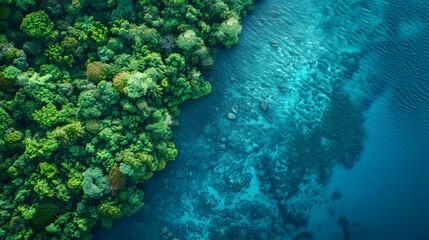 Fototapeta premium Aerial view of a tropical rainforest and clear blue water in the ocean from a top down perspective. depicting a tropical landscape concept of an ecofriendly environment.
