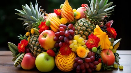 A vibrant fruit bouquet with a mix of exotic fruits like pineapple, mango, and strawberries,